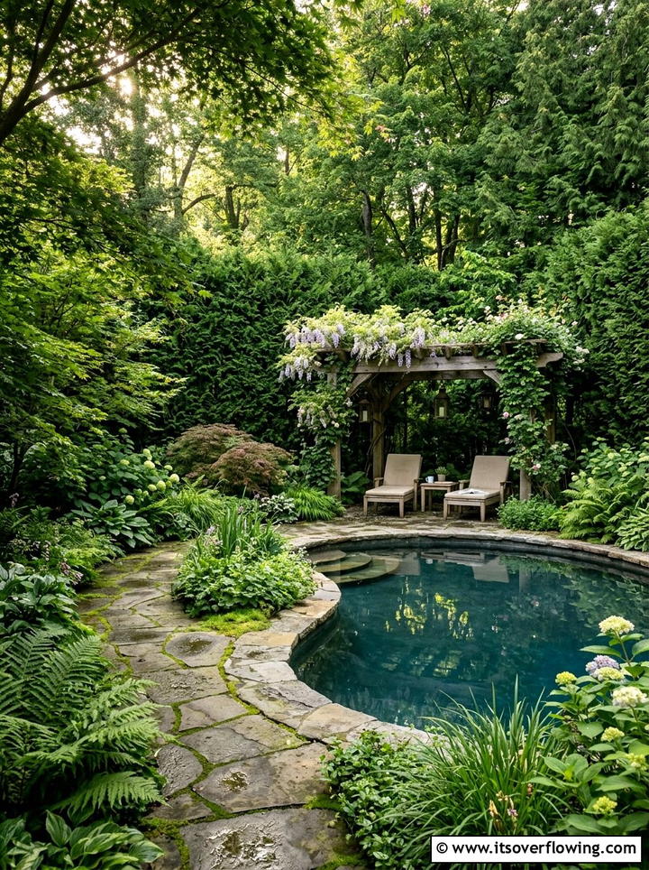 Hidden Garden Pool With Secluded Pergola - 25 backyard ideas with pool and pergola