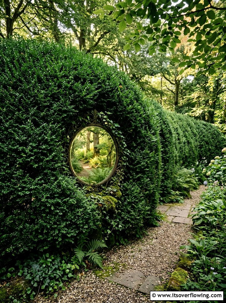 Hidden Mirror In Hedge - 25 small garden ideas with mirror tricks
