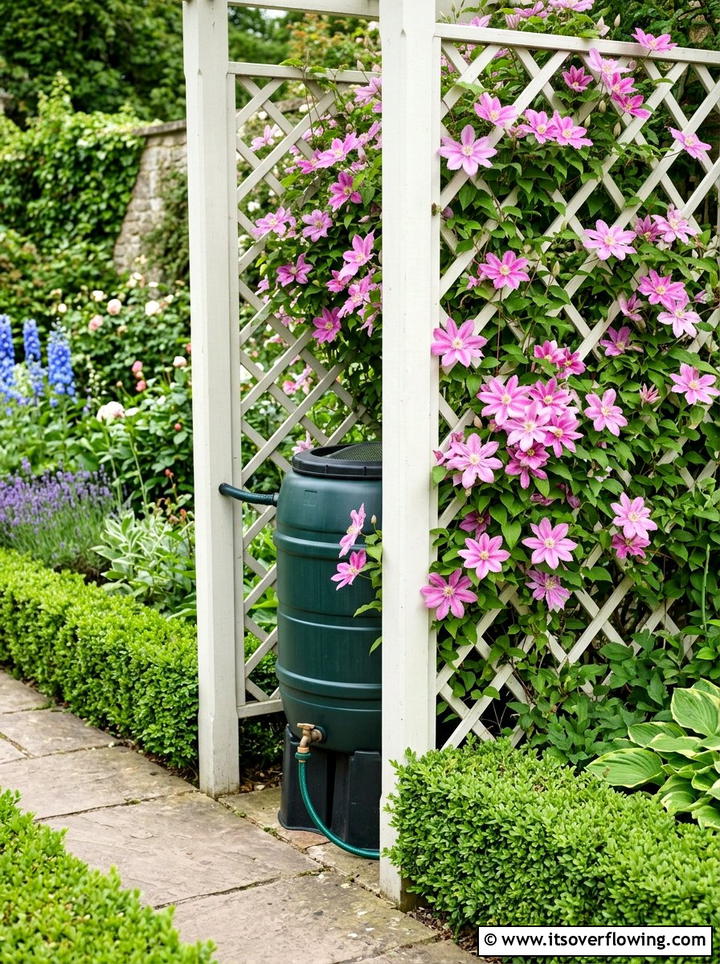 Hidden Rain Barrel Behind Trellis - 25 backyard ideas with rain barrel setup