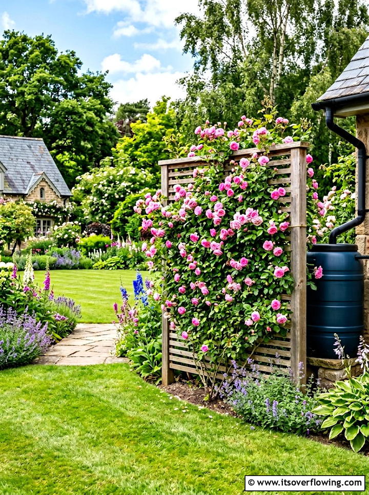 Hidden Rain Barrel Trellis - 25 upcycled garden ideas with rain barrels