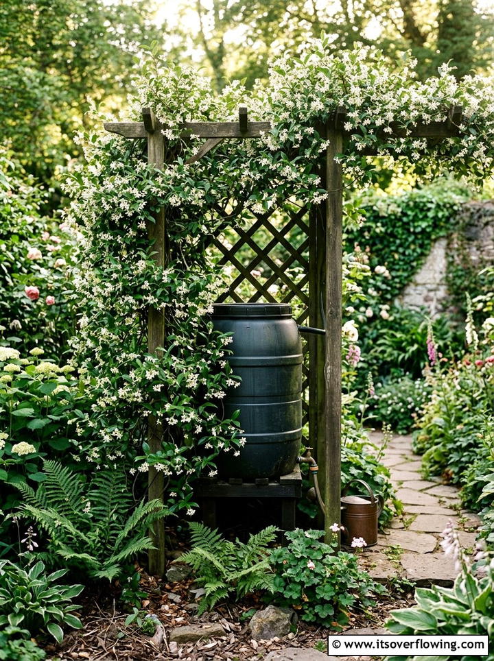 Hidden rain barrel behind trellis - 25 cheap garden ideas with rain barrels