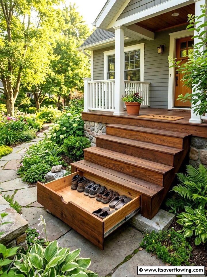 Hidden shoe drawer under porch steps - 25 front porch ideas with shoe storage