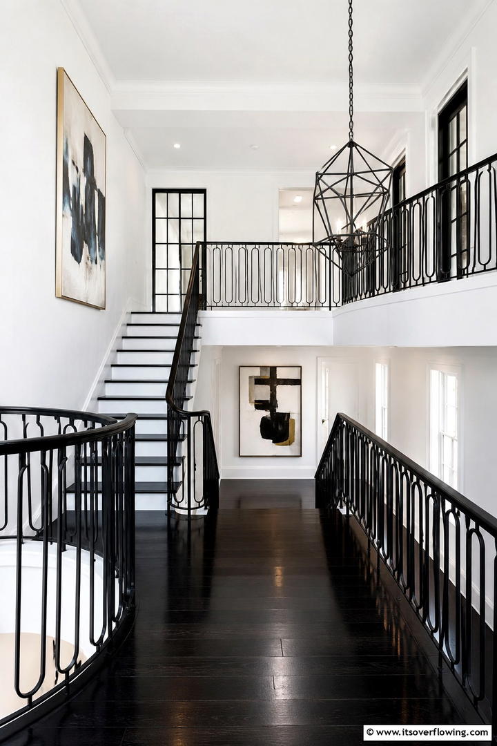 High Contrast Modern Landing - 30 Stair Landing Ideas to Maximize Functional Spaces