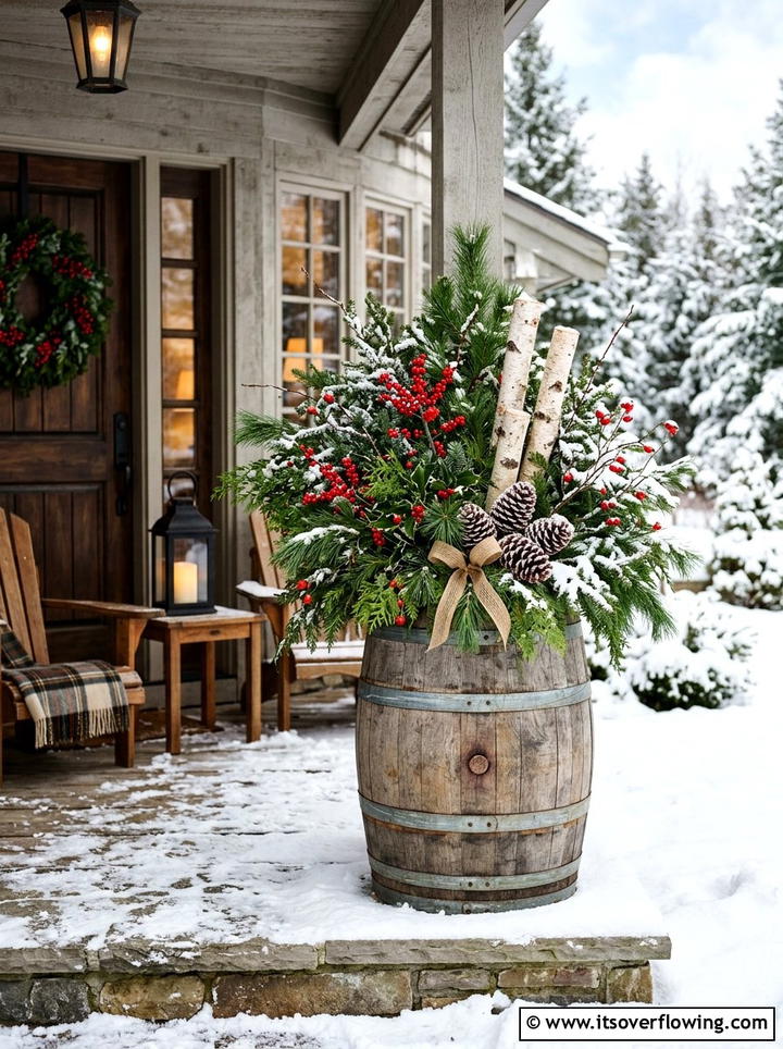 Holiday evergreen barrel display - 25 front porch ideas with barrel planters