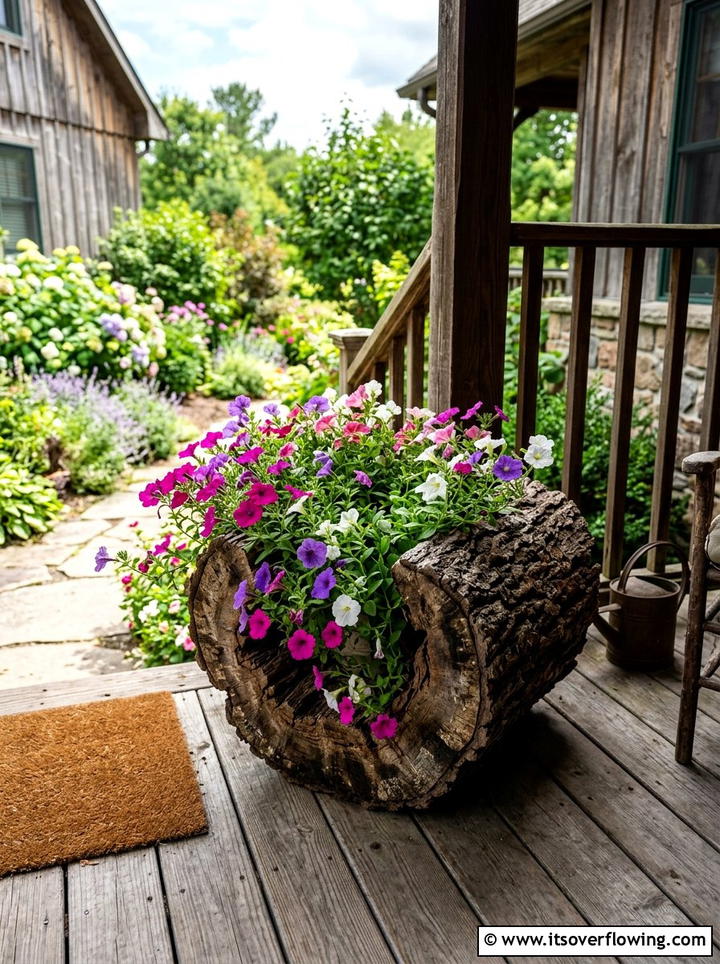 Hollow Log Flower Planter - 25 garden decor ideas with wood art