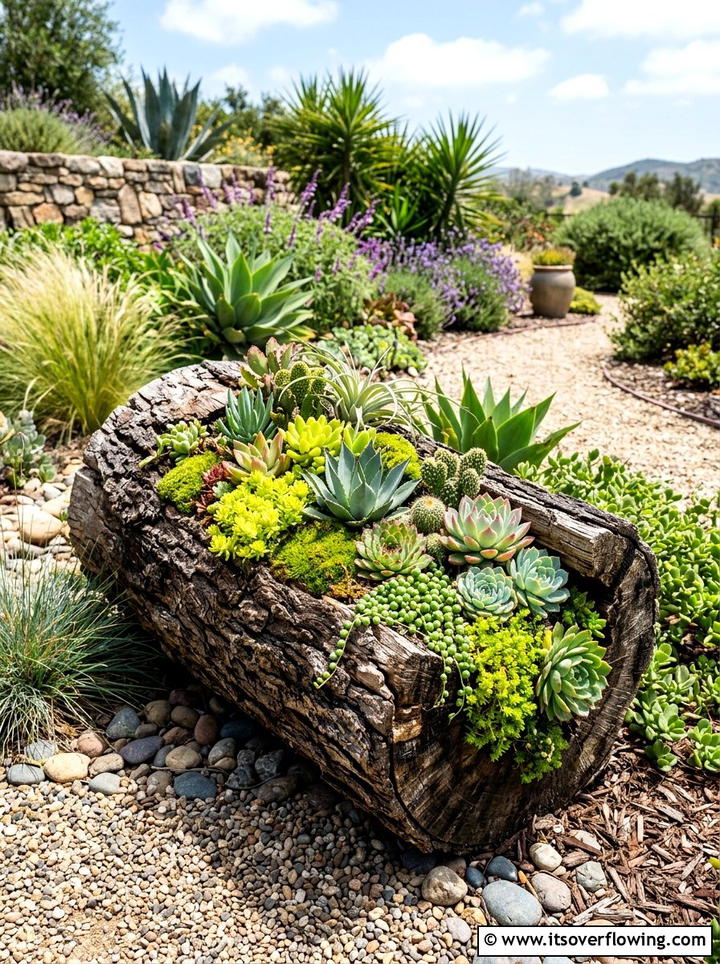 Hollow Log Planter - 25 recycled garden ideas with branch cuttings
