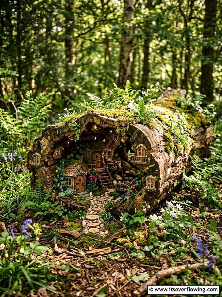 Hollow Tree Log - 25 upcycled garden ideas with fairy gardens