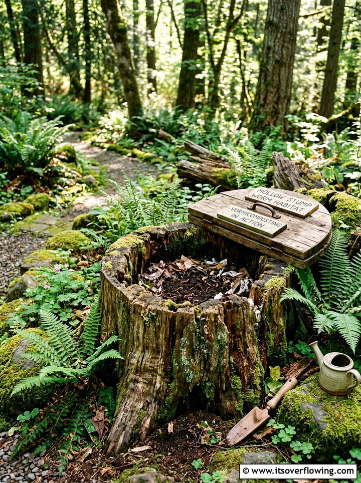 Hollow Tree Stump Worm Habitat - 25 recycled garden ideas with worm bins