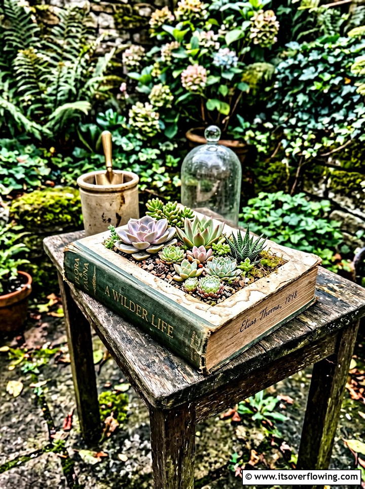 Hollowed Book Succulent Display - 25 upcycled garden ideas with succulent planters