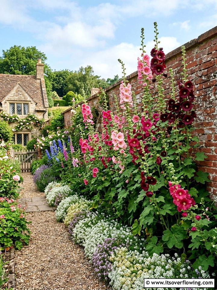 Hollyhock Garden Wall - 25 small garden ideas with cottage style