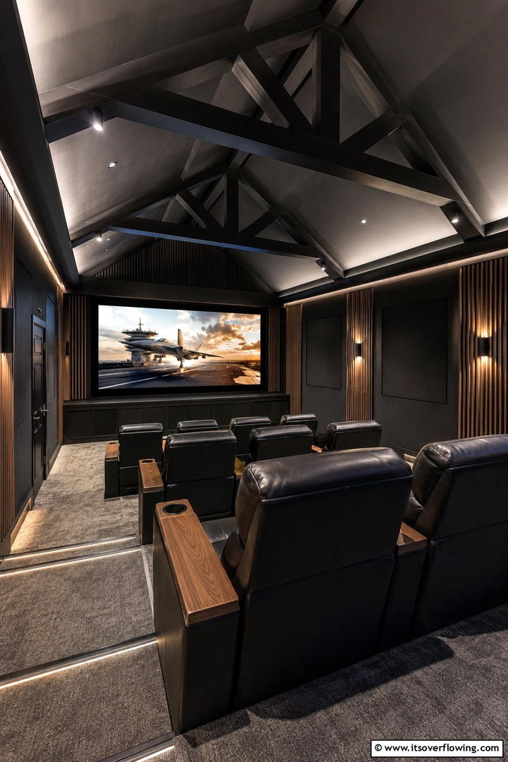 Home Theater Drama - 30 Vaulted Ceiling Ideas with Beams for Dramatic Room Designs