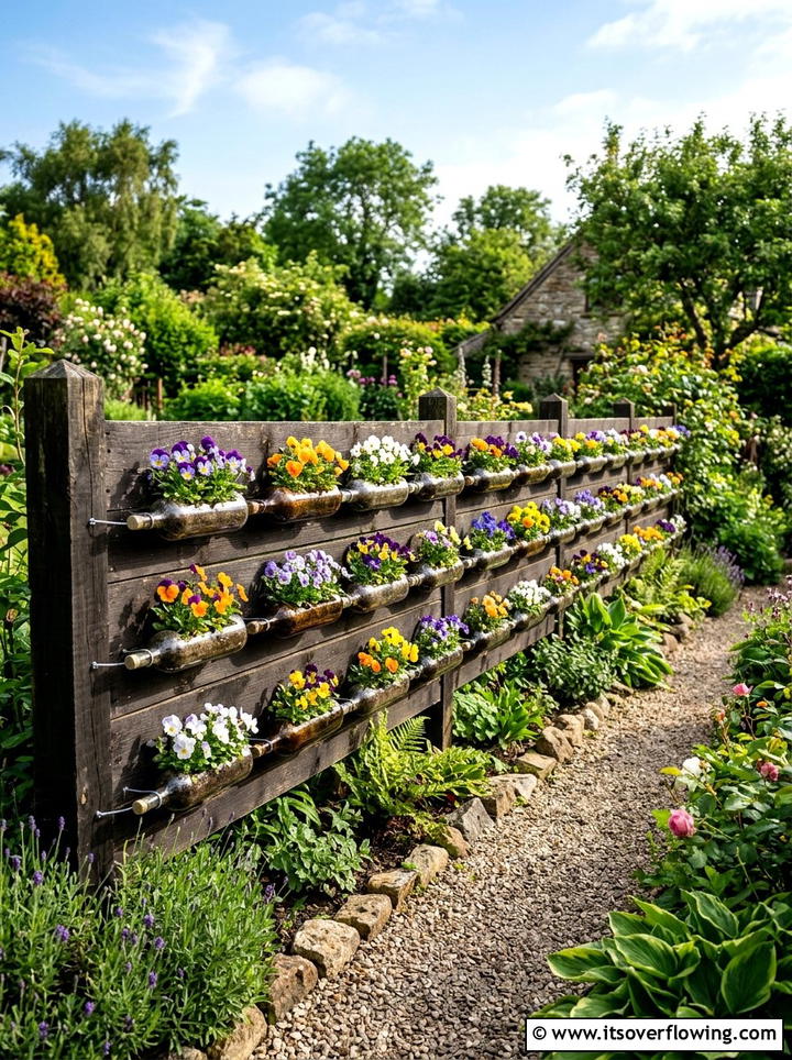 Horizontal Bottle Fence Garden - 25 recycled garden ideas with hanging bottle planters