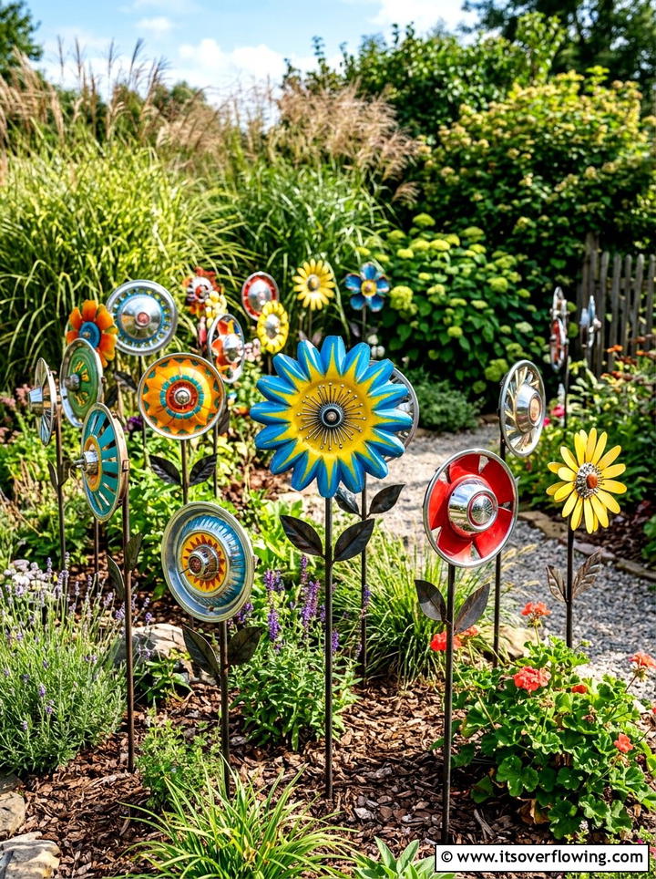Hubcap Flower Sculpture Garden - 25 recycled garden ideas for kids