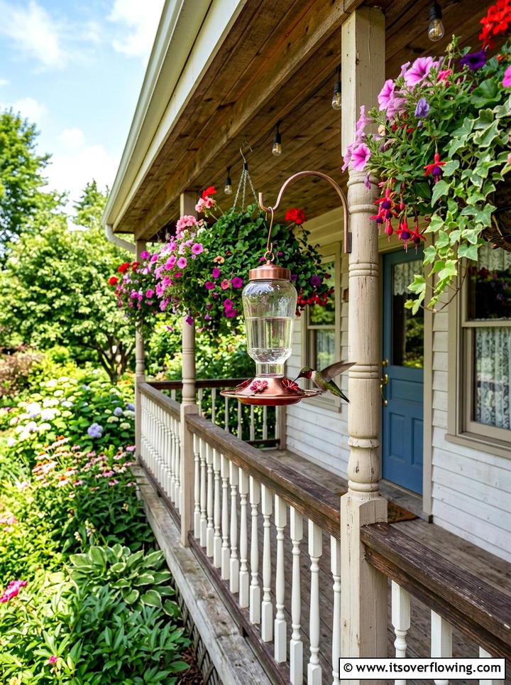 Hummingbird feeder near porch - 25 garden ideas with bird feeders