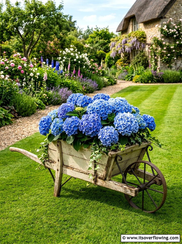 Hydrangea Centerpiece Wheelbarrow - 25 garden decor ideas with wheelbarrows