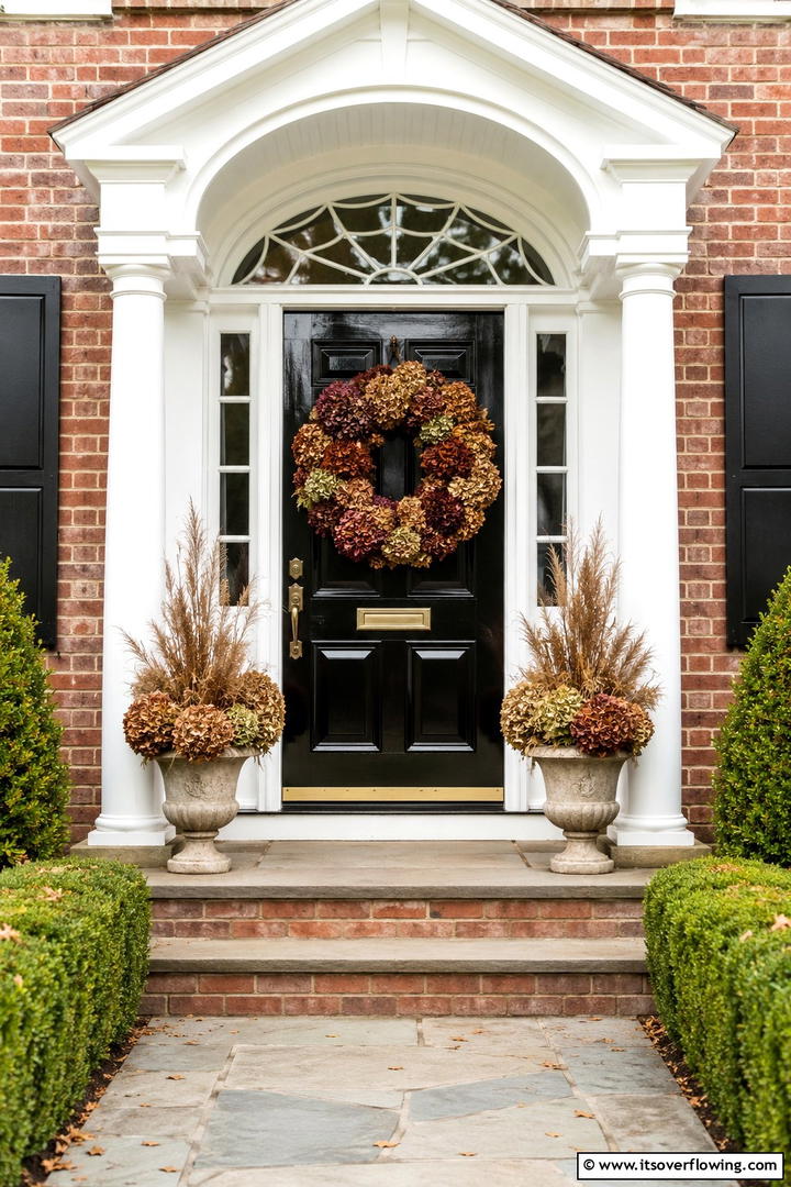 Hydrangea Fall Wreath Display - 50 Fall Front Door Decor Ideas Roundup- Curb Appeal