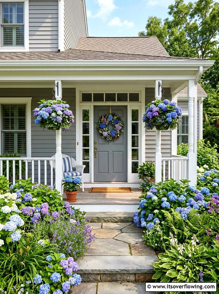 Hydrangea Front Porch - 25 front porch ideas with seasonal wreaths