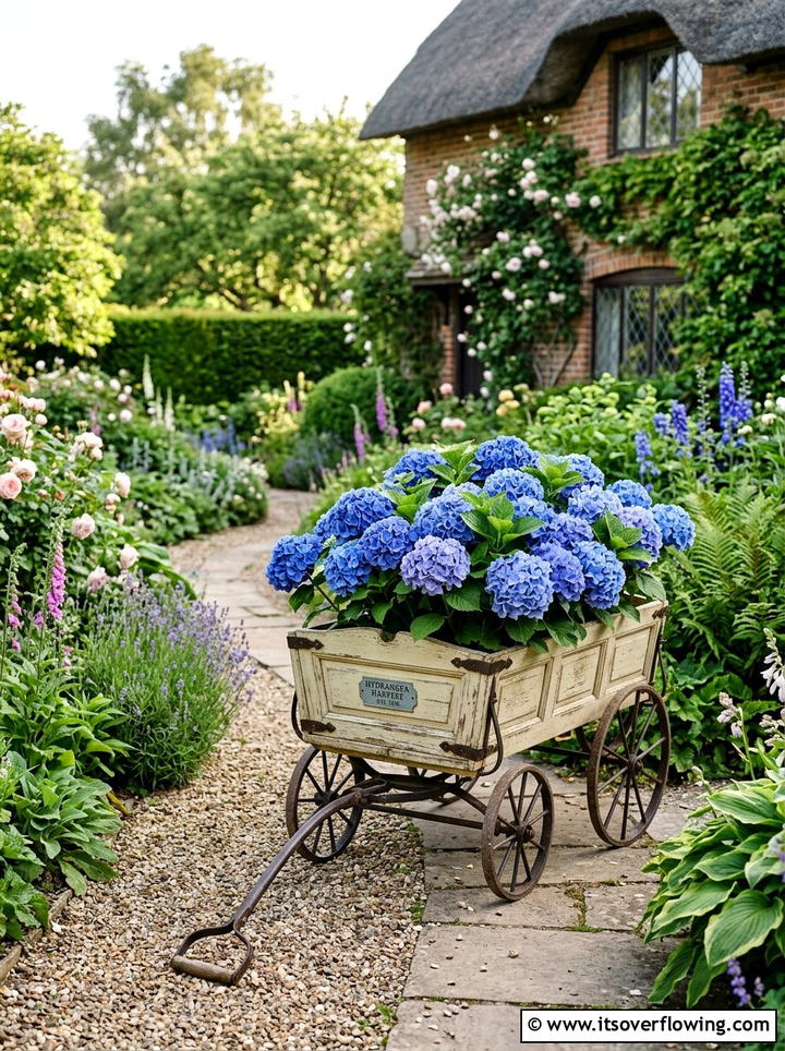 Hydrangea Garden Wagon - 25 garden decor ideas with wagons