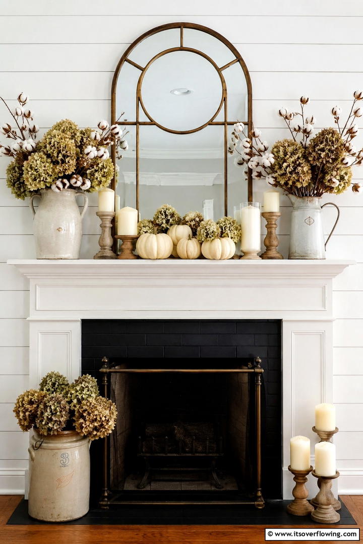 Hydrangea and Cotton Mantel Arrangement - 50 Fall Mantel Decor Ideas for Cozy Spaces This Season