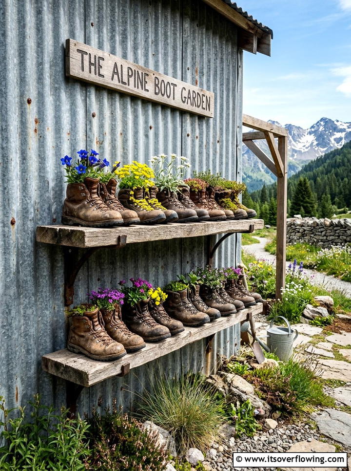 Industrial Boot Shelf Feature - 25 creative garden ideas with shoe planter wall