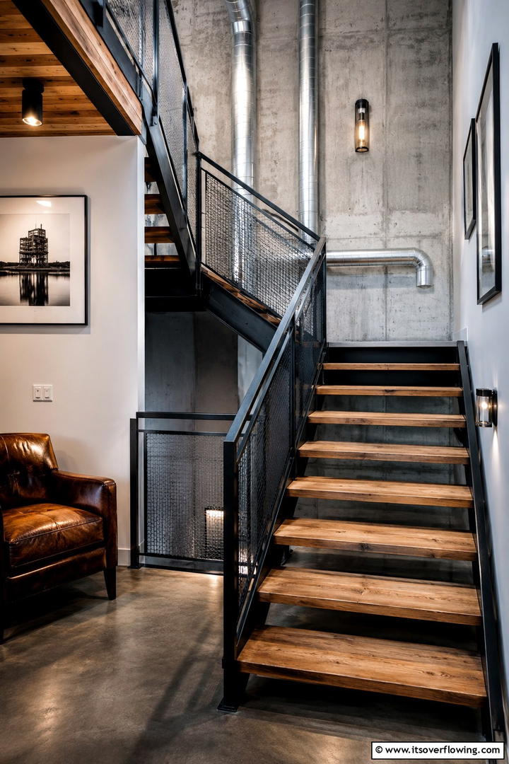 Industrial Chic Stair Landing - 30 Stair Landing Ideas to Maximize Functional Spaces