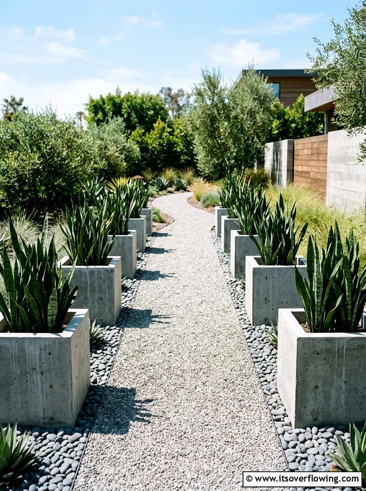 Industrial Concrete Planter Gravel Path - 25 garden decor ideas with concrete planters
