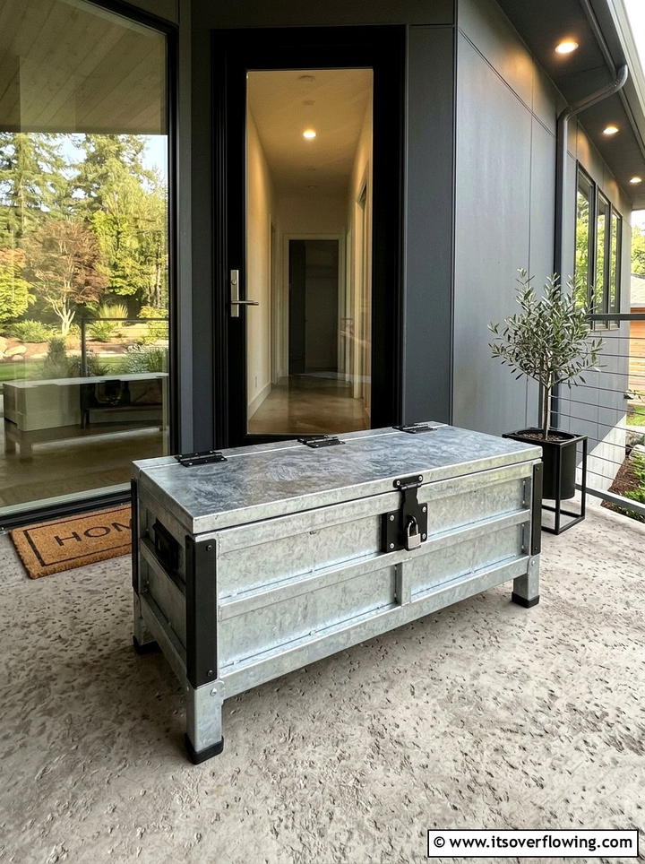 Industrial Metal Storage Bench - 25 front porch ideas with storage bench