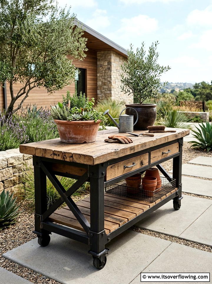 Industrial Outdoor Workbench - 25 garden ideas with potting bench