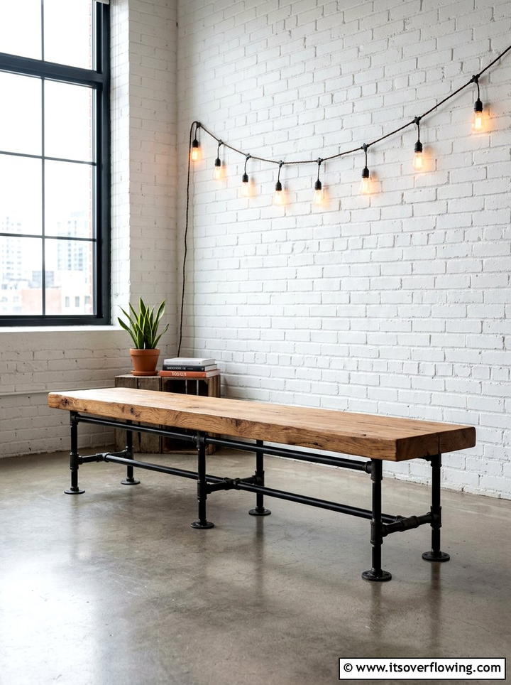 Industrial Pipe Wood Bench - 25 front porch ideas with bench seating