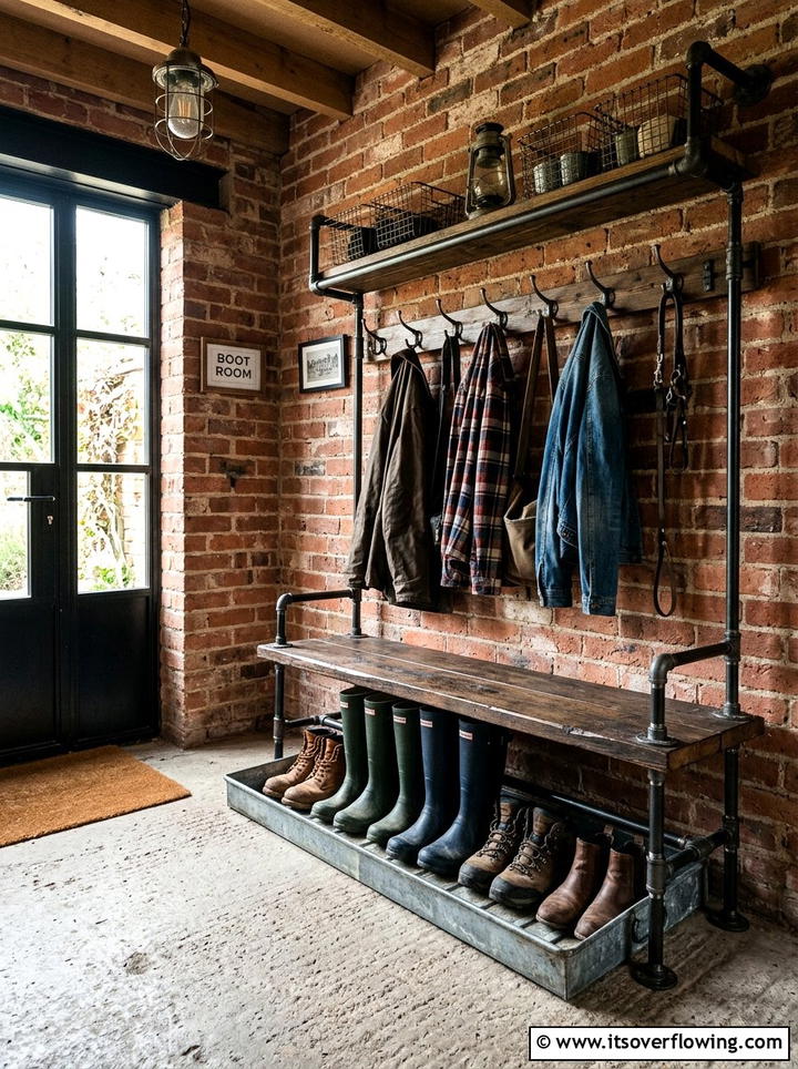 Industrial Style Boot Storage - 25 front porch ideas with boot tray