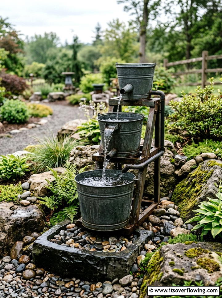 Industrial Style Bucket Water Feature - 25 recycled garden ideas with buckets
