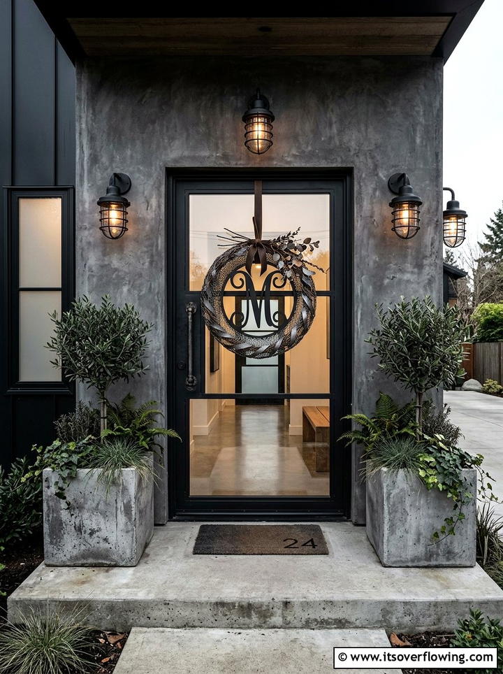 Industrial Style Front Door - 25 front porch decor ideas with monogram wreath