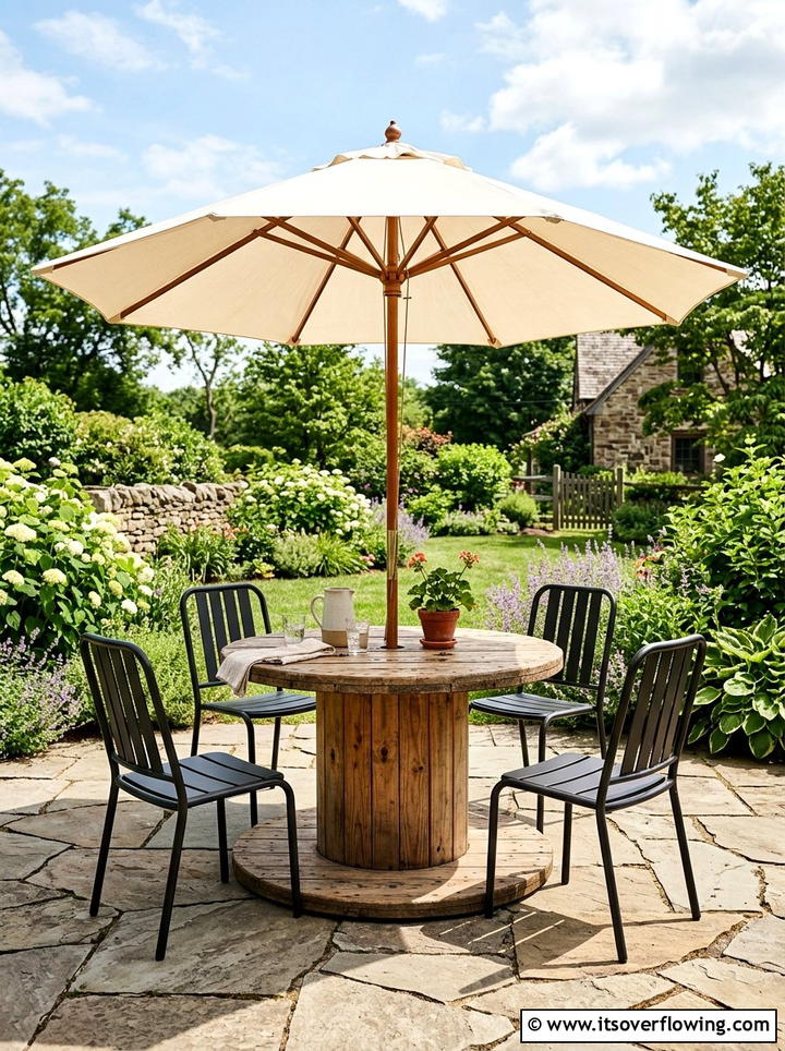 Industrial Wood Spool Patio Table - 25 backyard ideas with upcycled decor
