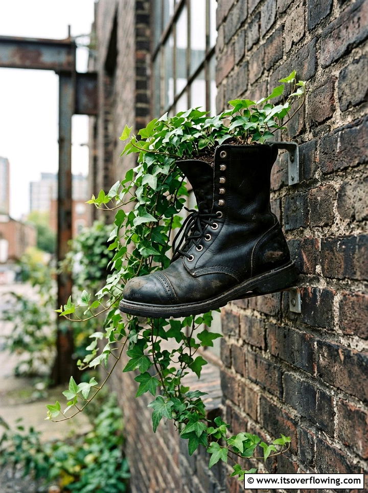 Industrial Work Boot Ivy Holder - 25 upcycled garden ideas with old boots