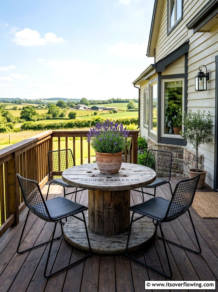 Industrial cable spool table - 25 front porch ideas with repurposed furniture