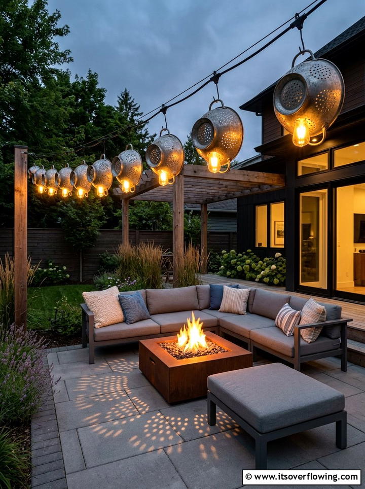 Industrial colander outdoor lighting - 25 recycled garden ideas with old colanders