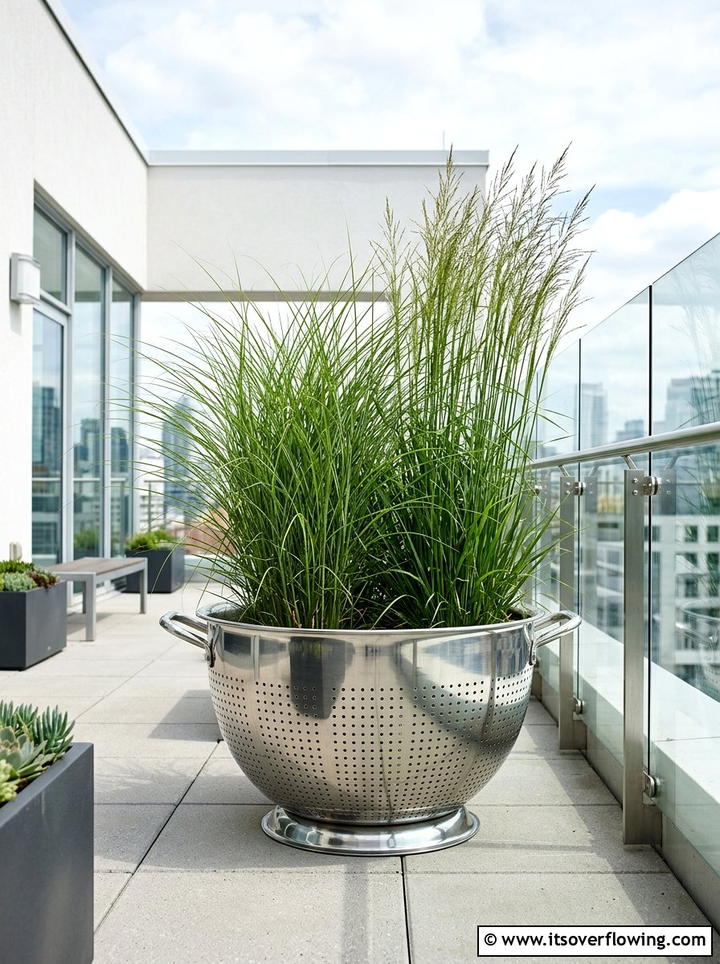 Industrial colander planter - 25 upcycled garden ideas with old colanders
