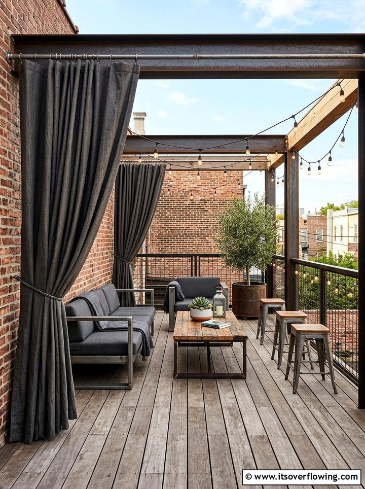Industrial deck with charcoal curtains - 25 backyard decorating ideas with outdoor curtains