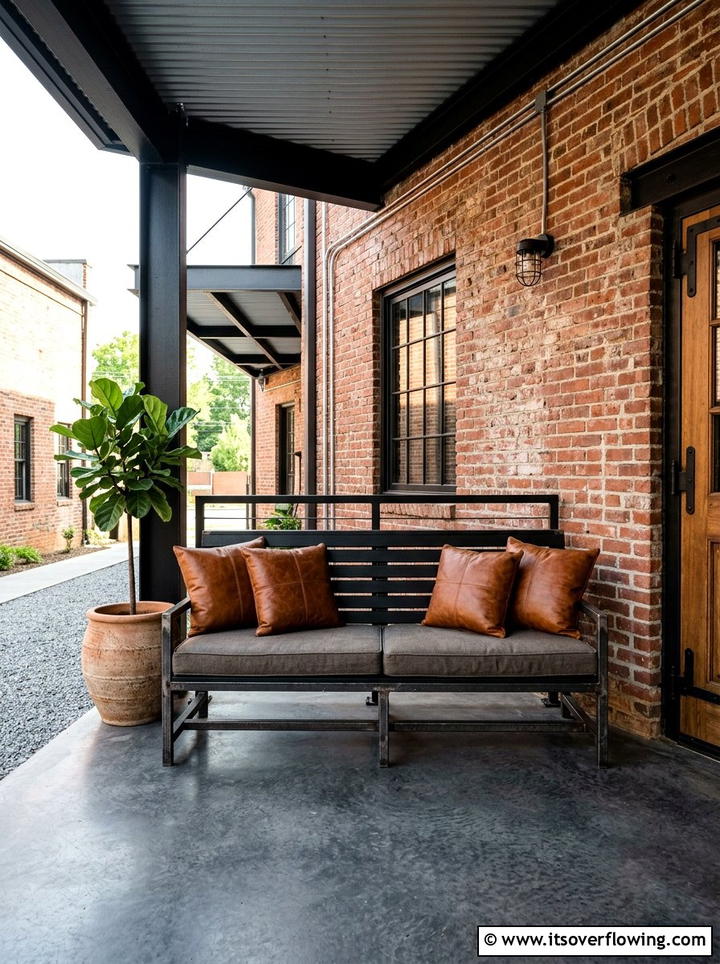 Industrial metal bench with leather accent pillows - 25 front porch decor ideas with pillows