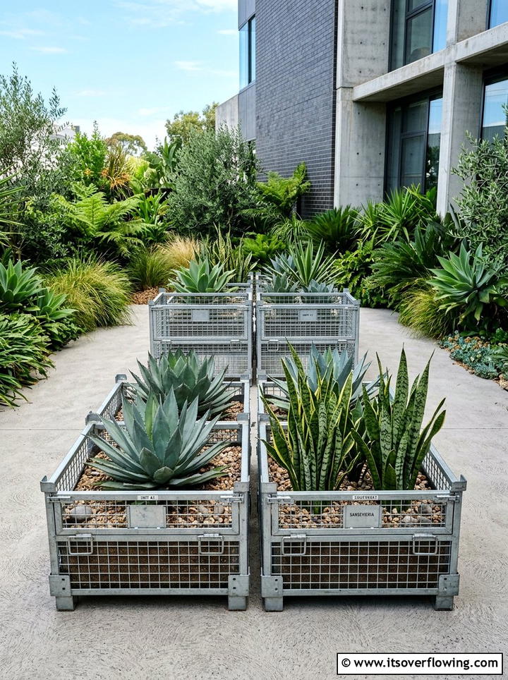 Industrial metal crate garden - 25 backyard ideas with crate planters