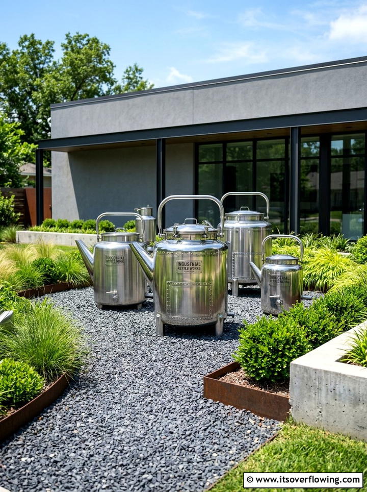 Industrial metal kettle yard art - 25 upcycled garden ideas with old kettles