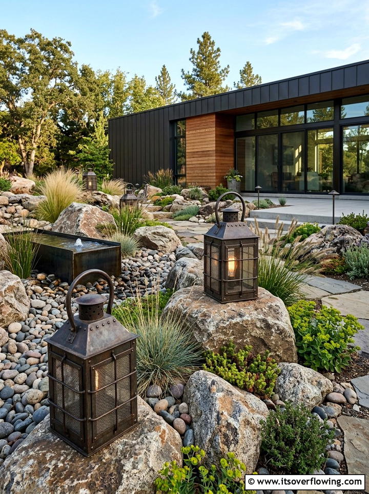 Industrial metal lanterns in rock garden - 25 garden decor ideas with lanterns