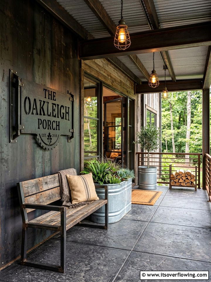 Industrial metal porch accents - 25 front porch decor ideas with personalized welcome sign