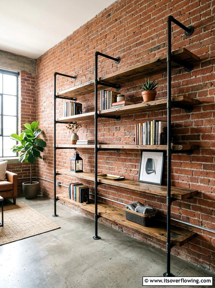 Industrial pipe and wood shelving - 25 front porch ideas with shoe storage