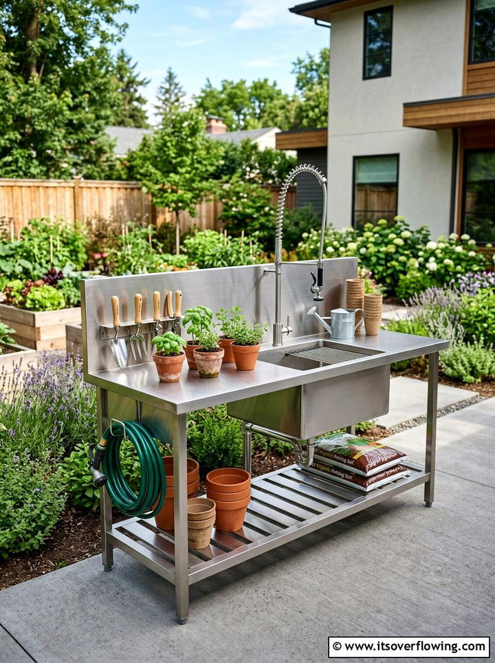 Industrial stainless steel sink plant station - 25 upcycled garden ideas with old sinks