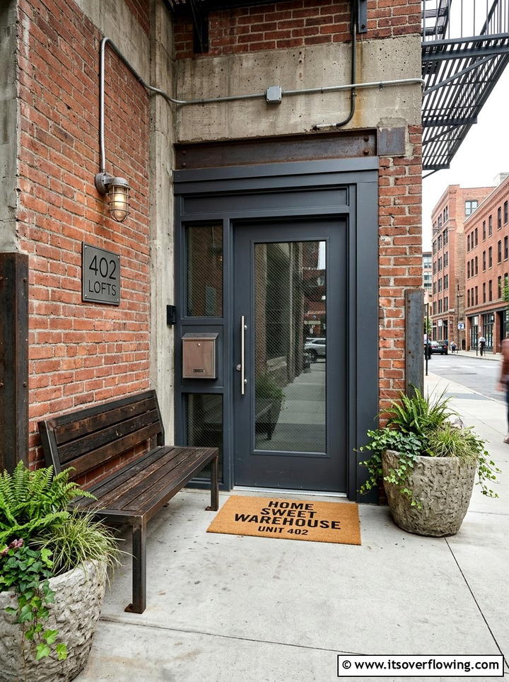 Industrial style entry - 25 front porch ideas with personalized mat
