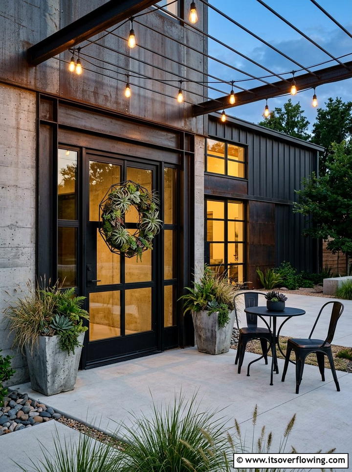 Industrial style entryway - 25 front porch decor ideas with floral wreath