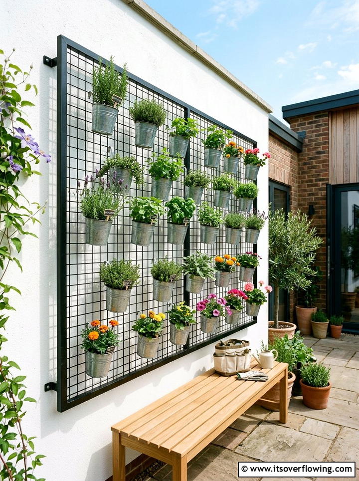 Industrial wire mesh grid - 25 garden ideas with vertical planters