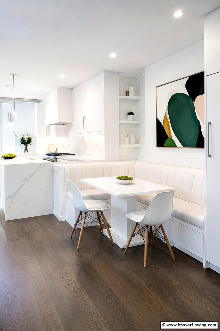 Integrated Dining Space in White - 30 Small White Kitchen Ideas for Bright, Airy Spaces