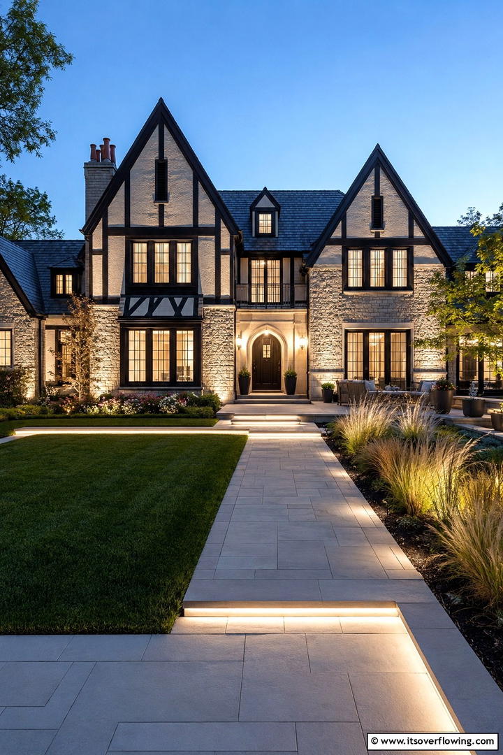 Integrated Lighting Solutions - 30 Modern Tudor Exterior Ideas for Timeless Curb Appeal